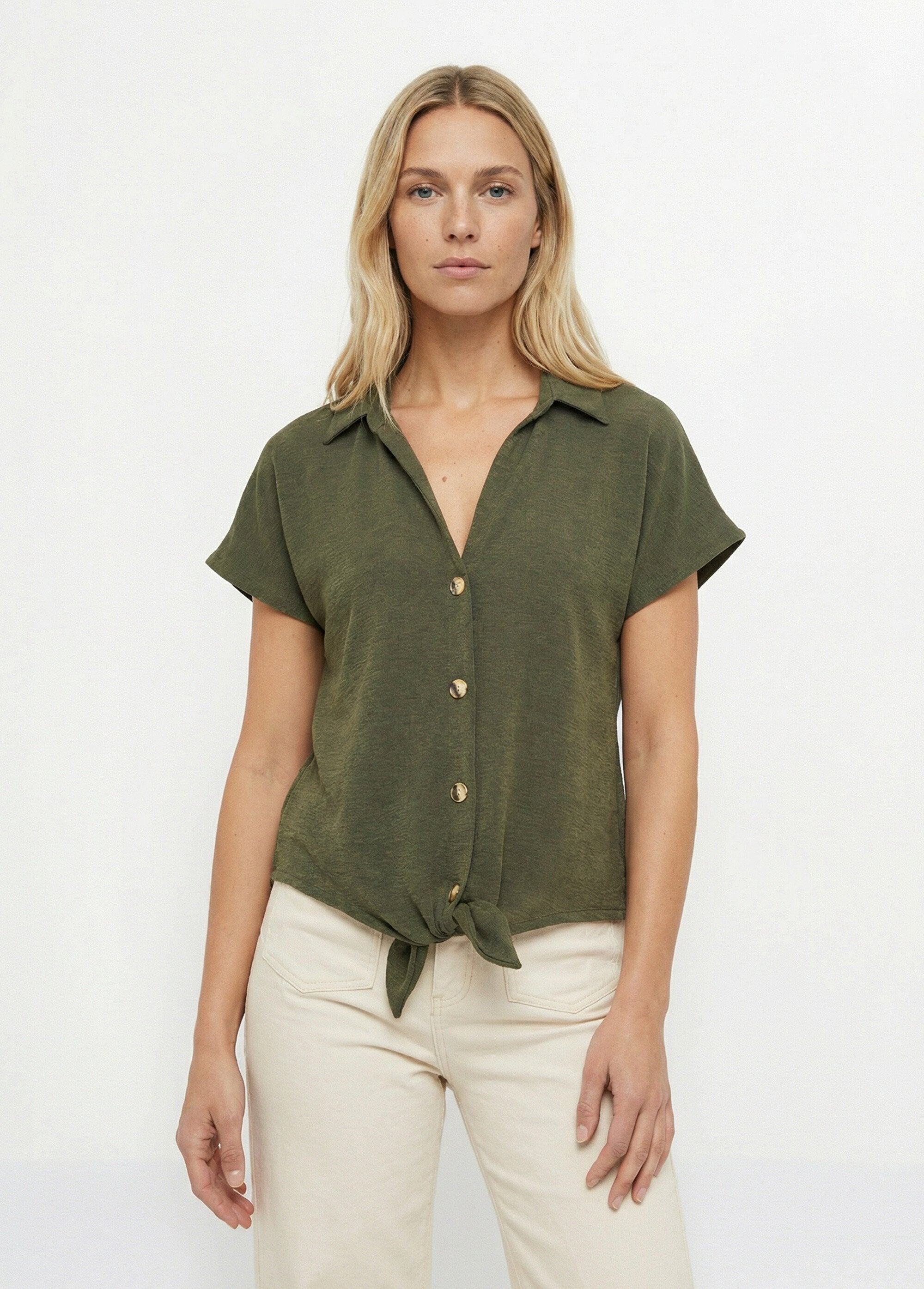 Short-sleeved_blouse,_tied_at_the_waist_Khaki_FA1_slim