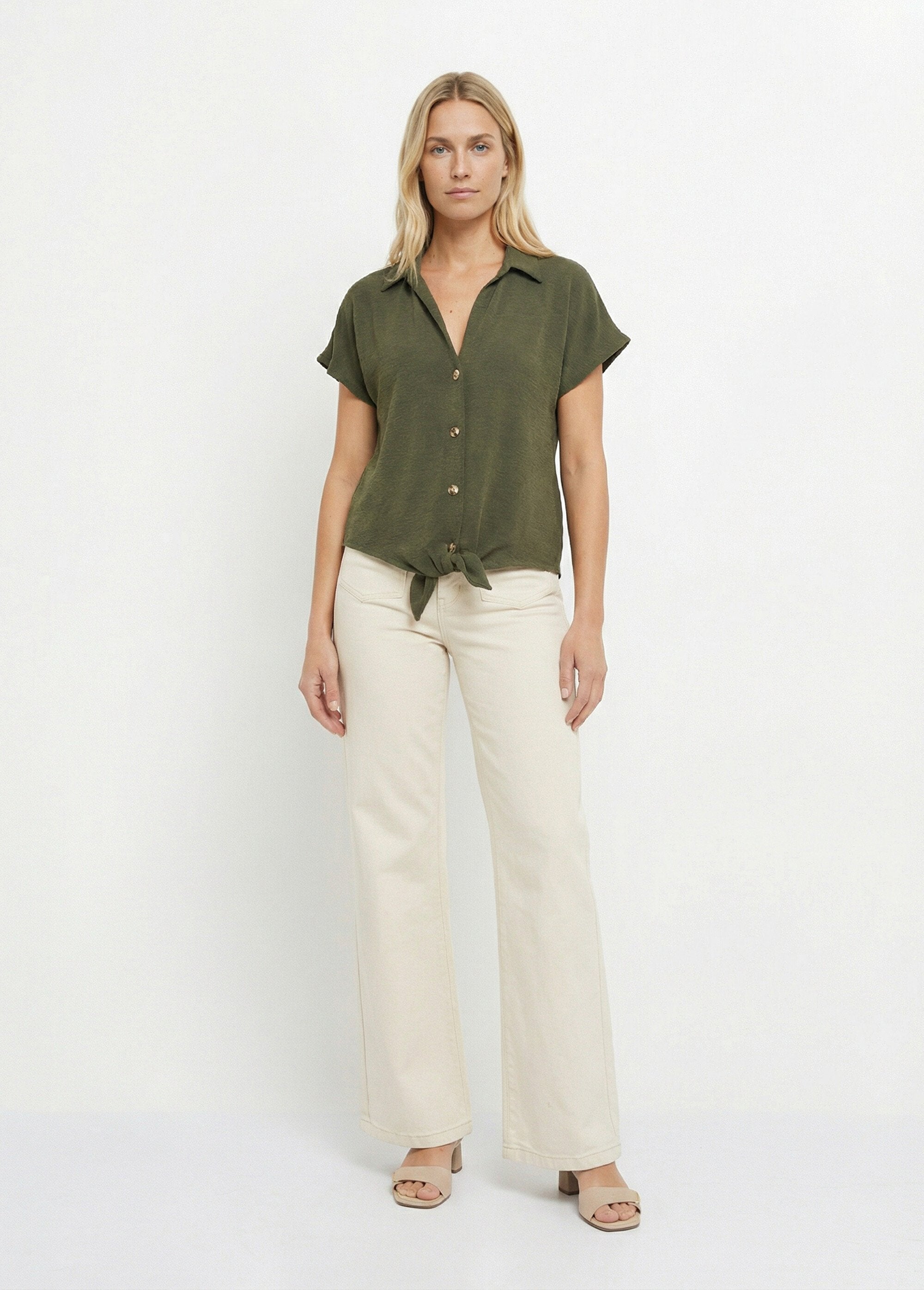 Short-sleeved_blouse,_tied_at_the_waist_Khaki_SF1_slim