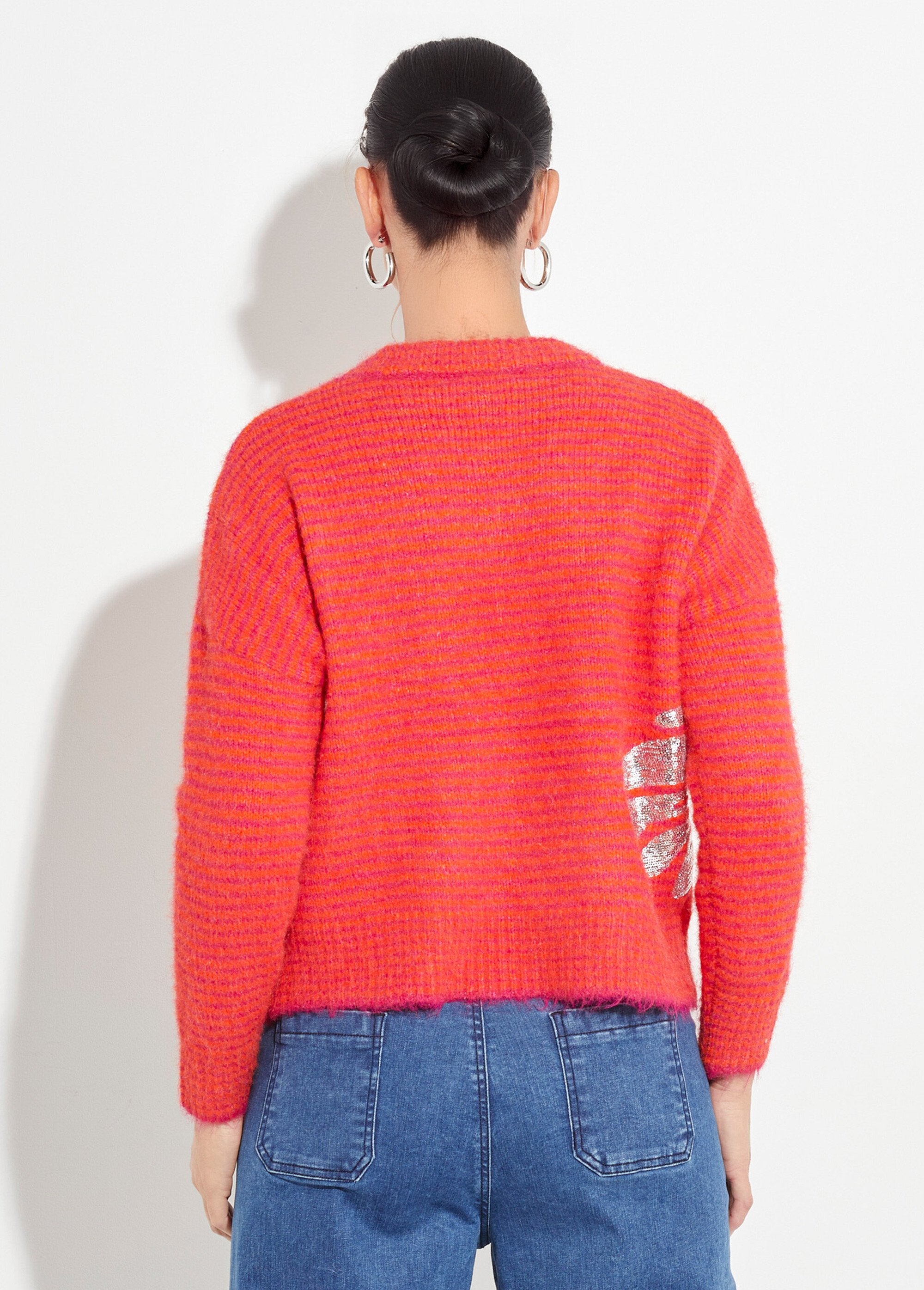 Pull_chaud_rayé_avec_laine,_motifs_fleur_Rose_et_orange_DO1_slim