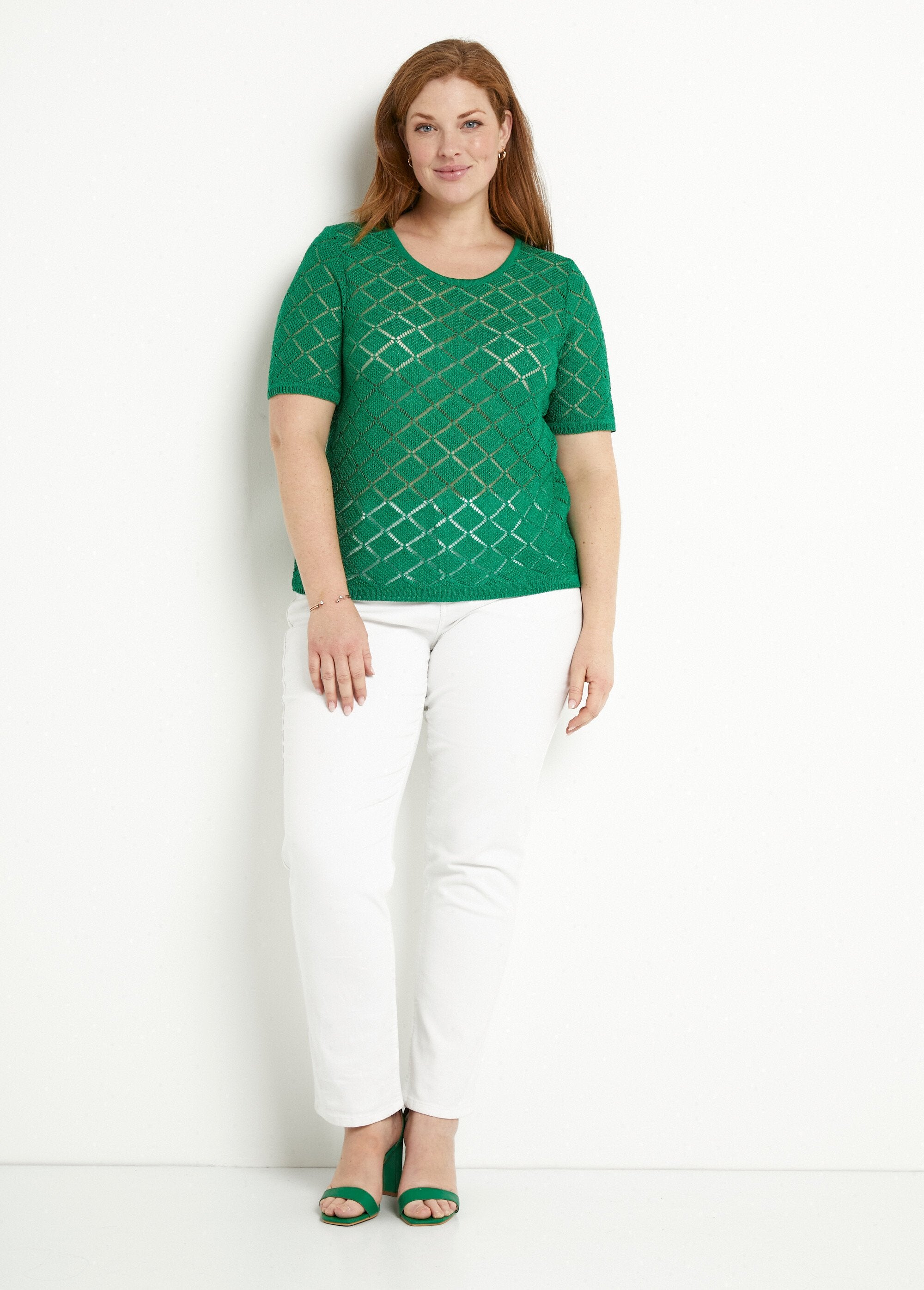 Thin,_short,_openwork,_short-sleeved_sweater_Green_SF1_curvy