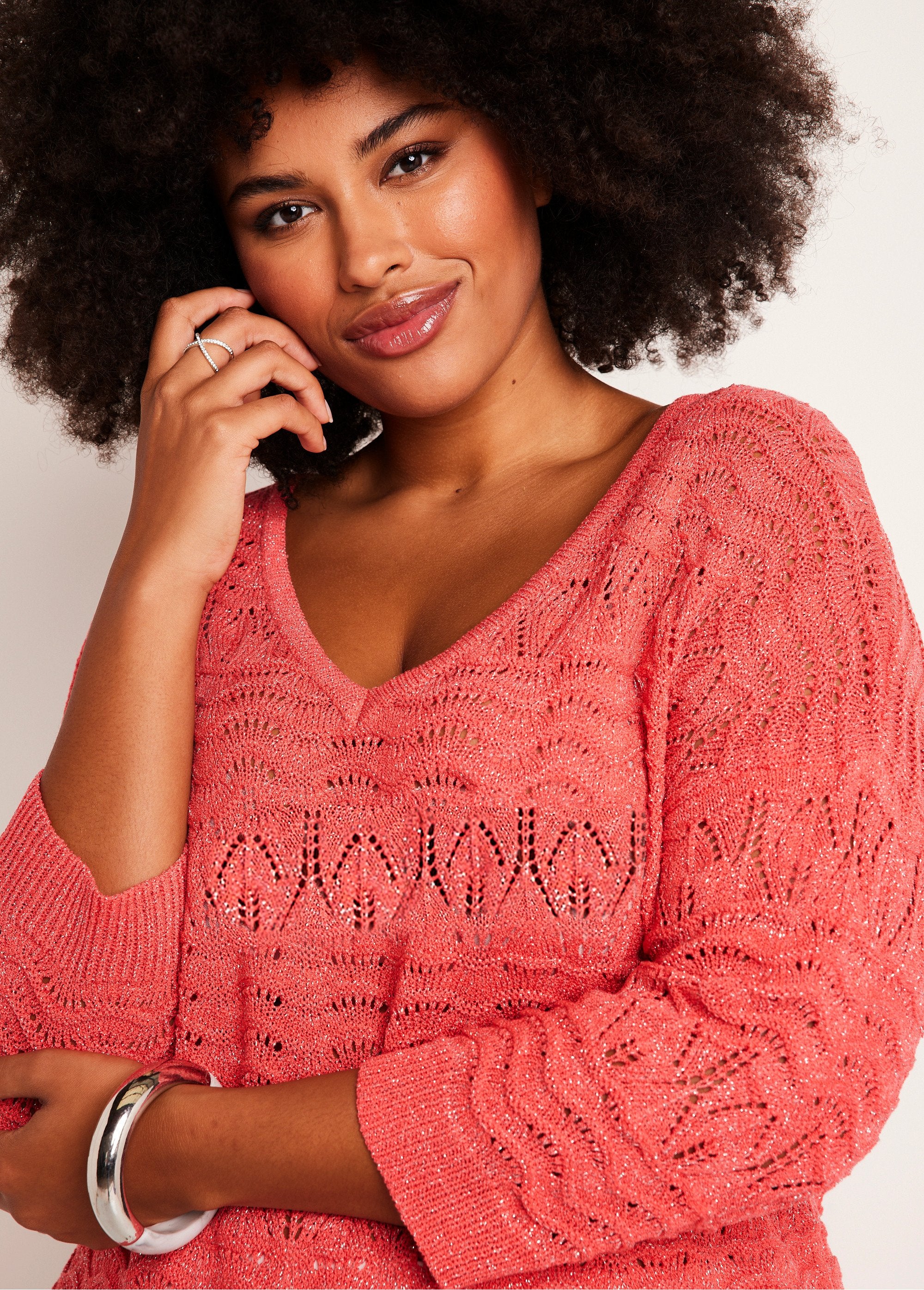 3/4_sleeve_openwork_pattern_V-neck_sweater_Coral_DE1_curvy