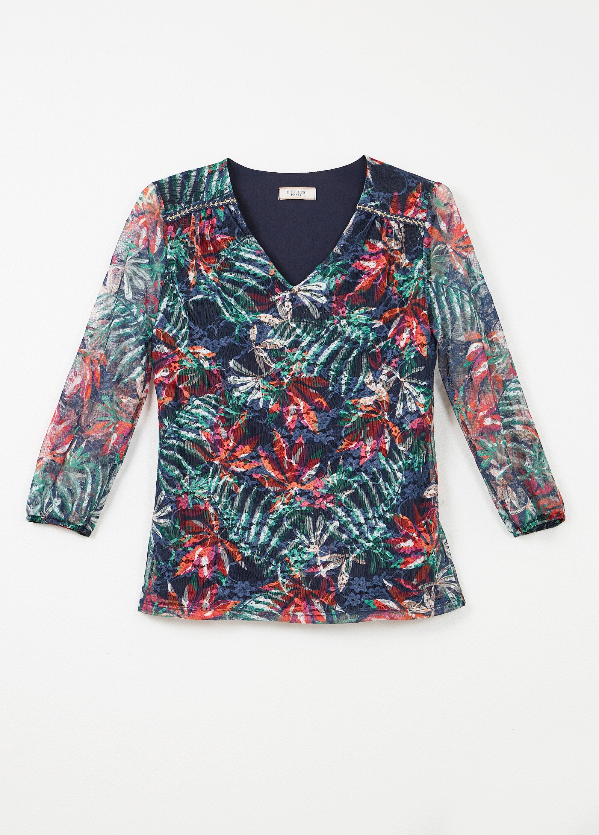 Printed_lace_V-neck_T-shirt_Navy_and_orange_AP1_slim