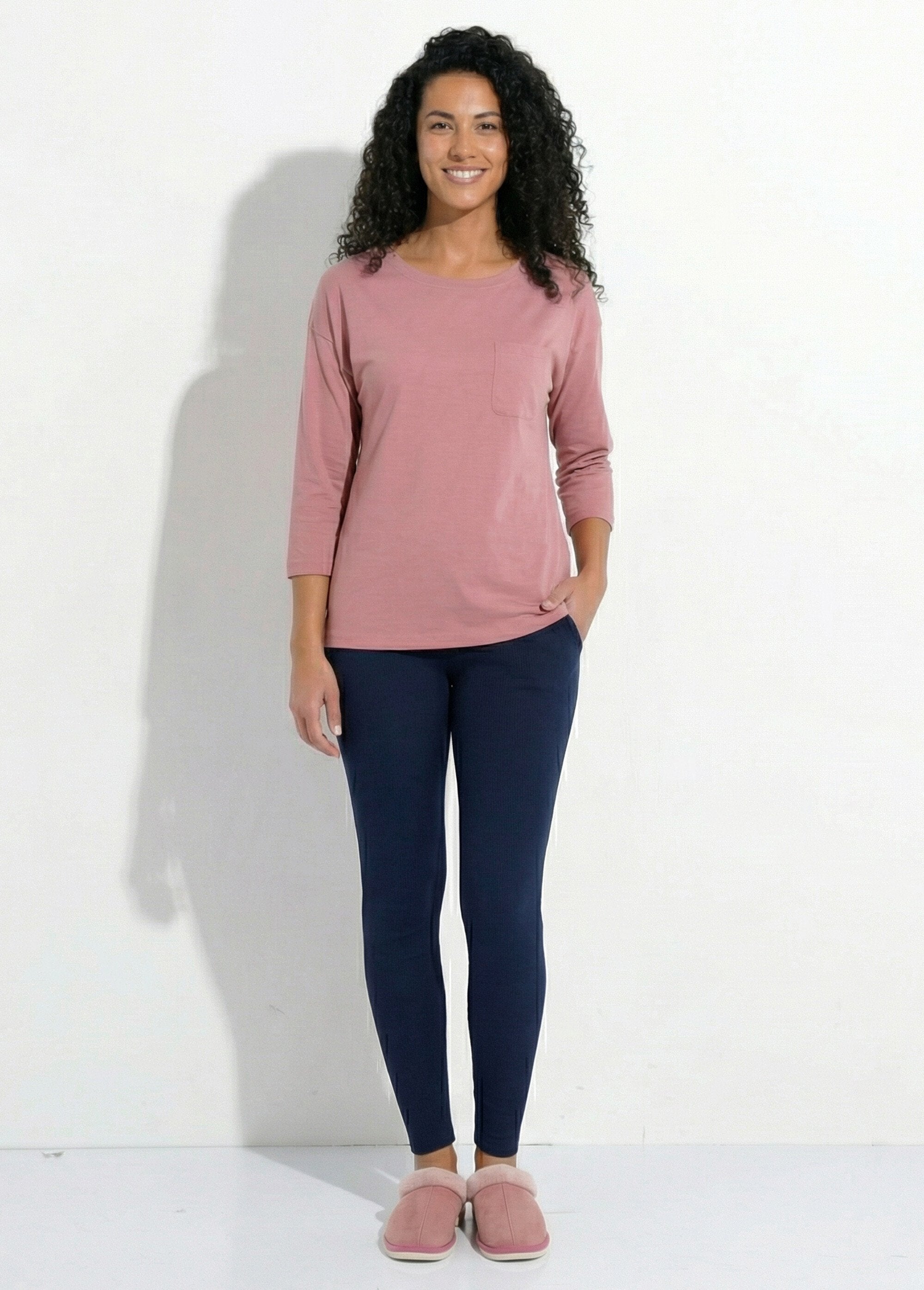 Plain_cotton_T-shirt_with_round_neck_and_3/4_sleeves_Pink_SF1_slim