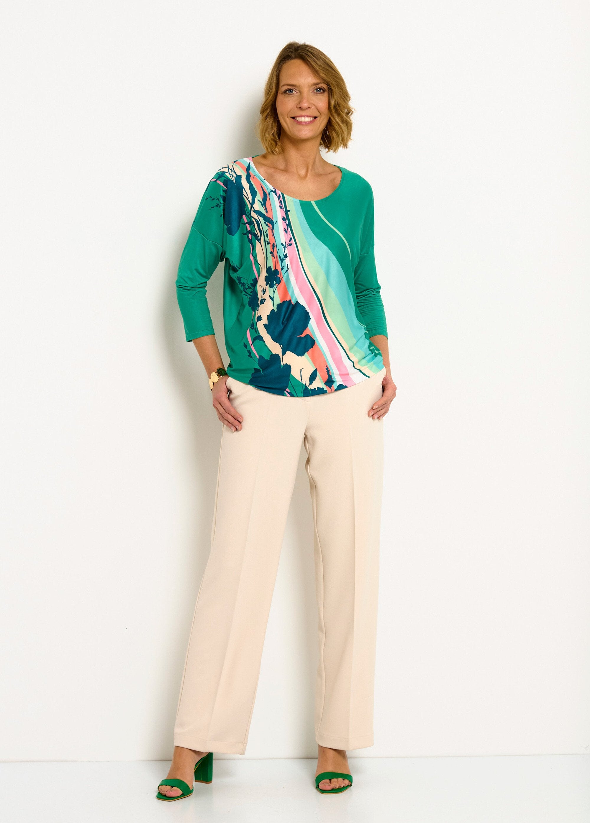 3/4_sleeve_patterned_blouse_T-shirt_Green_and_pink_SF1_slim