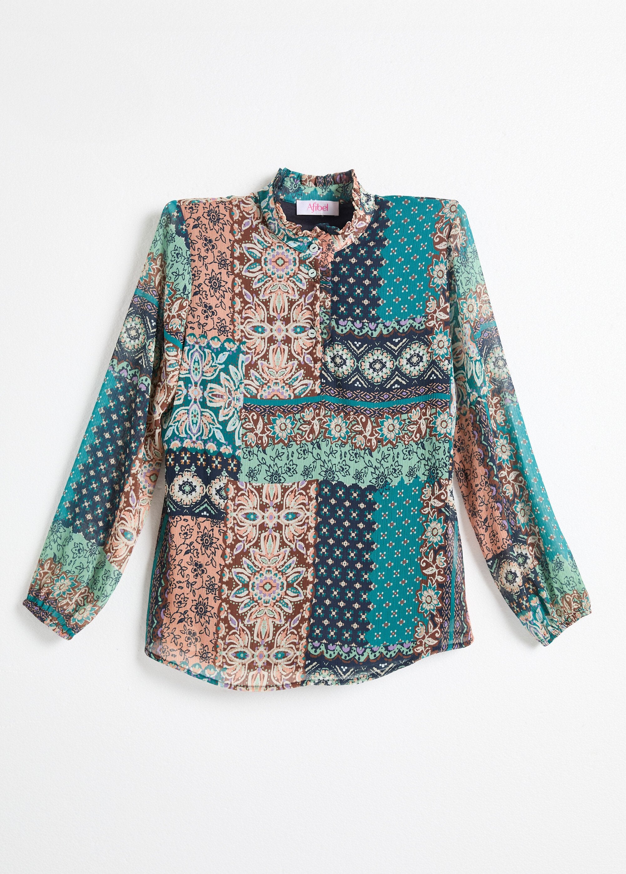 Tunic_with_ruffled_collar_in_crepe_voile_and_patchwork_print_Green_and_ecru_AP1_slim