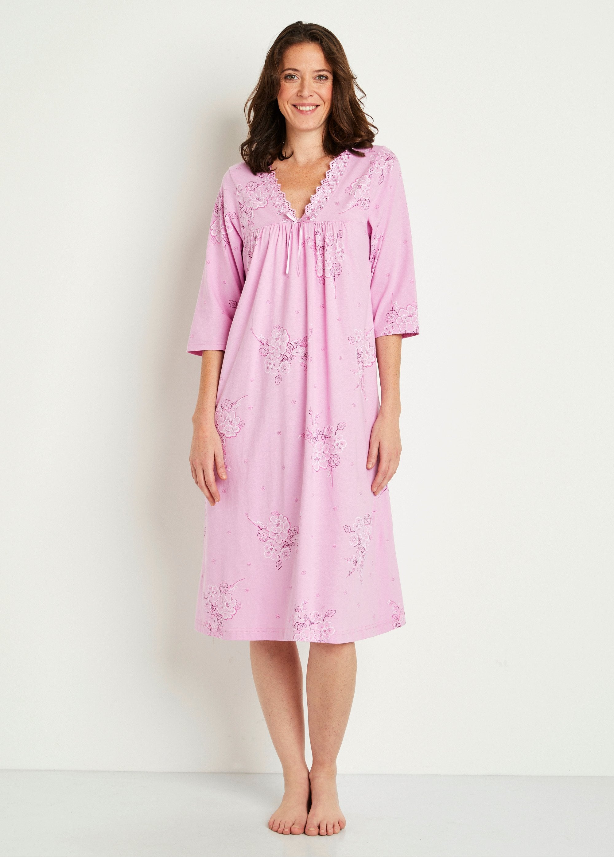 Mid-length_nightgown_embroidered_cotton_3/4_sleeves_Old_pink_FA1_slim