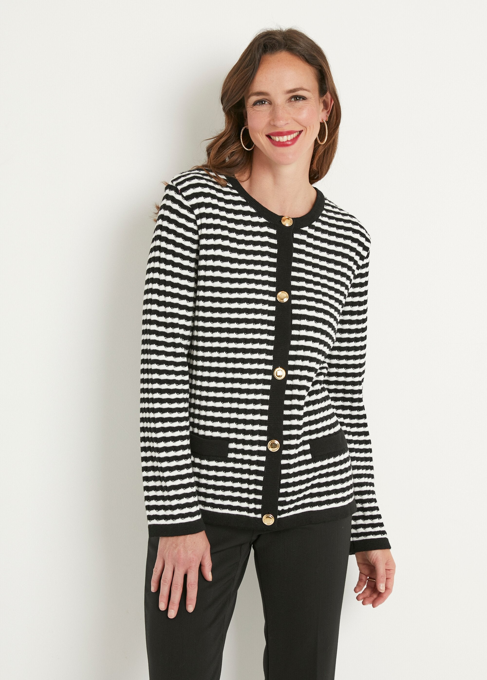 Striped_button-down_cardigan_with_round_collar_and_gold_buttons_Black_and_ecru_FA1_slim