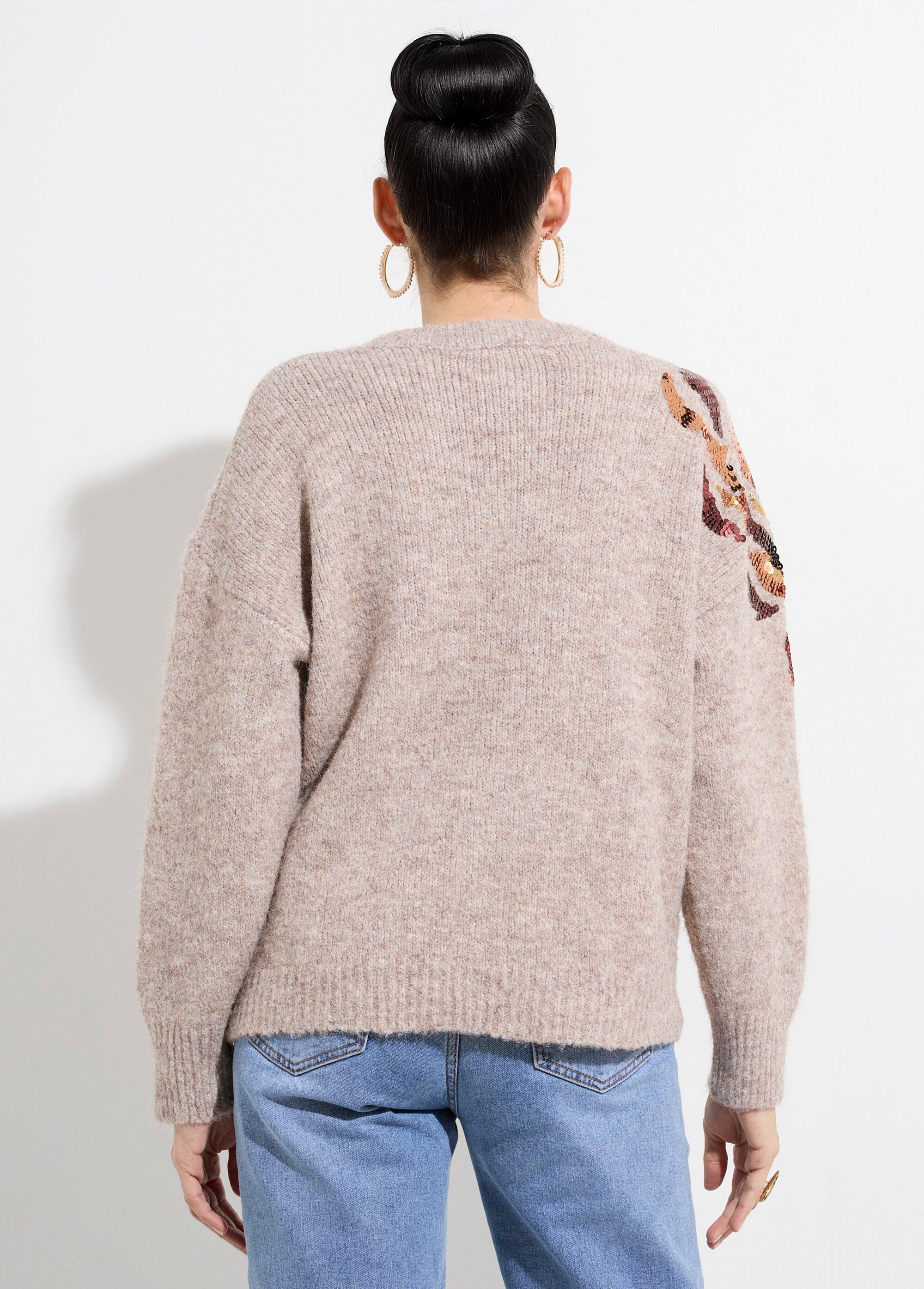 Pull_col_rond,_animation_fleur_sequins_Beige_DO1_slim