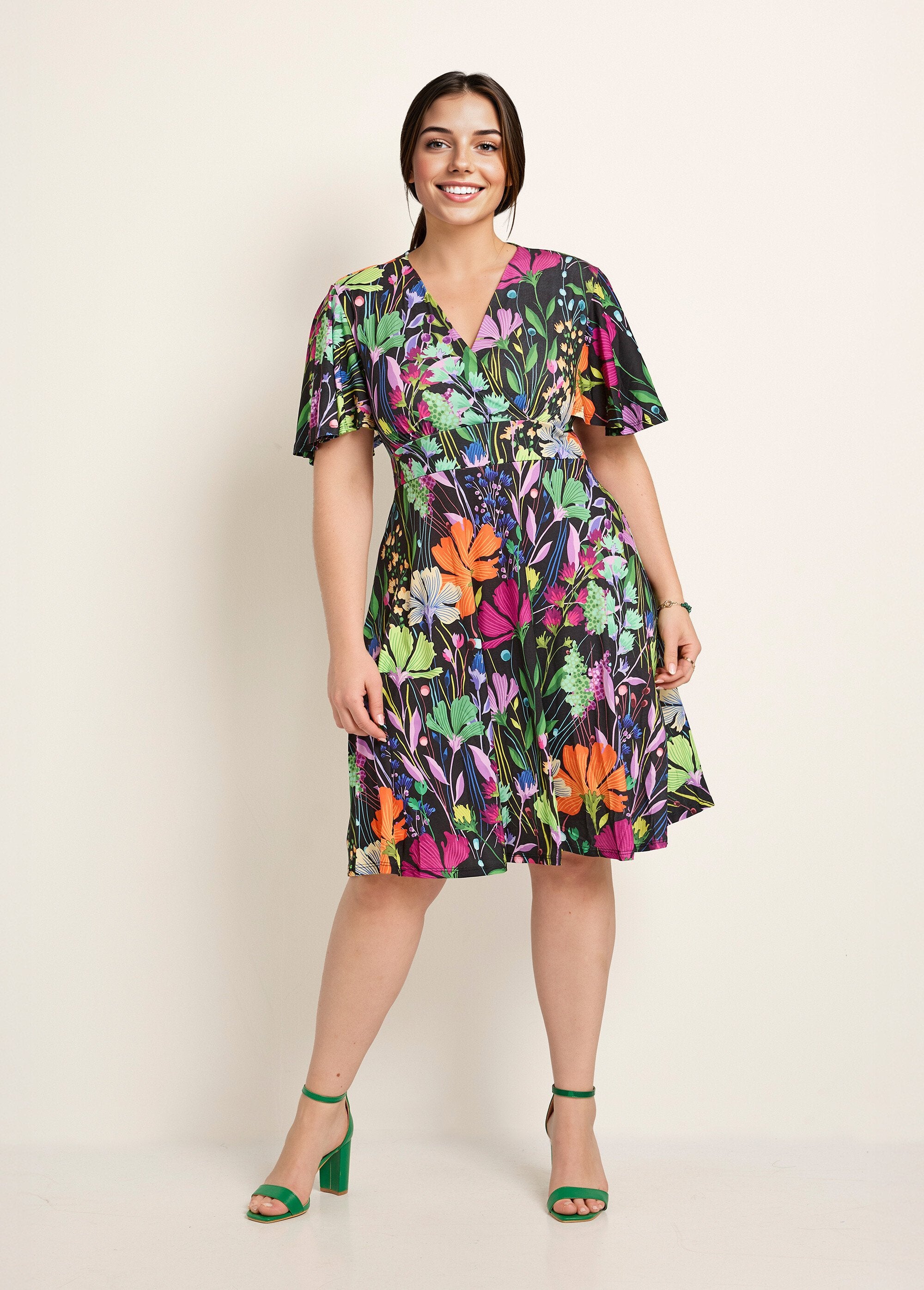 Short,_flowing_dress_with_butterfly_sleeves_and_floral_print_Prints_black_background_FA1_curvy