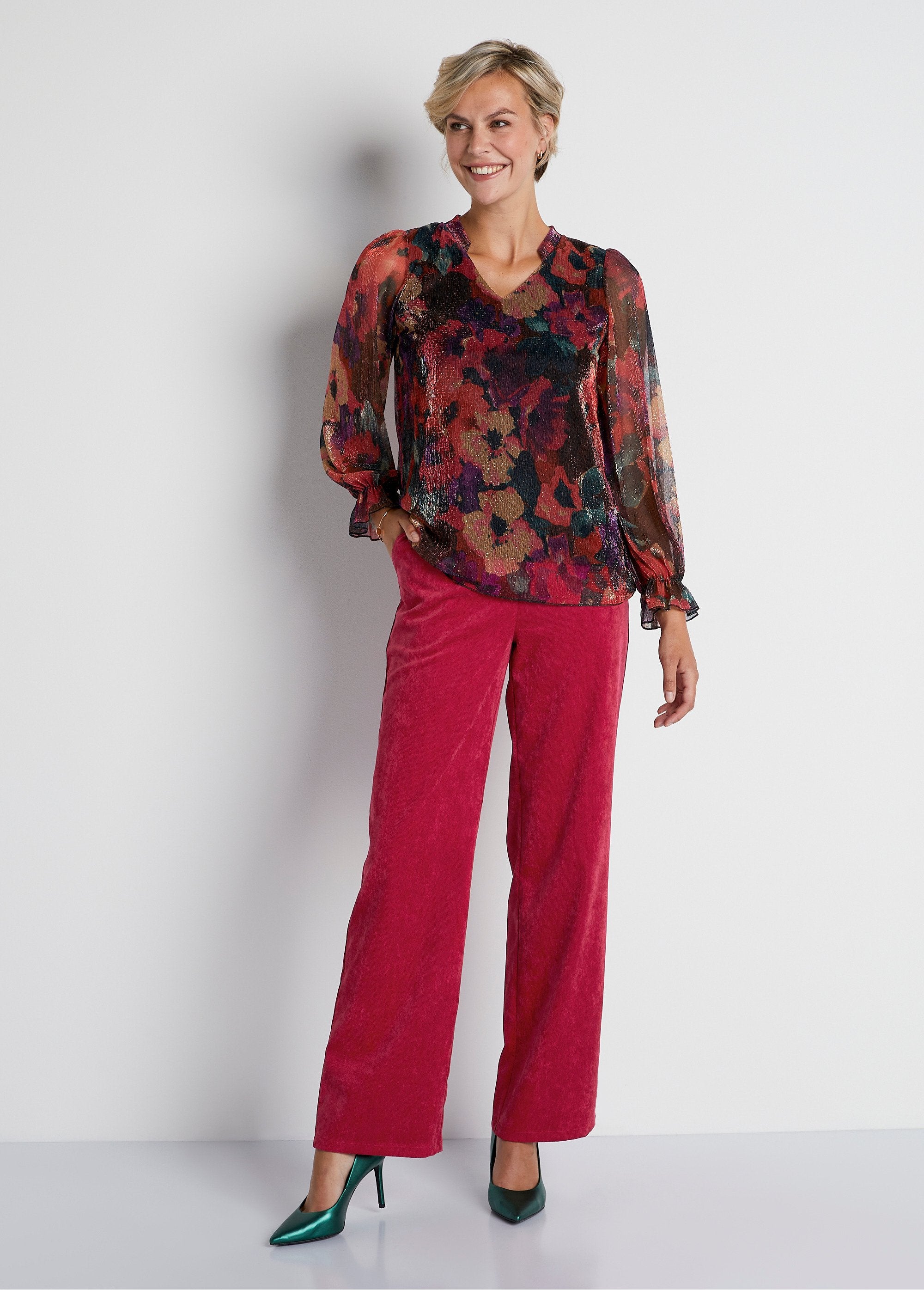 Floral_print_pleated_mesh_t-shirt_Red_print_SF1_slim