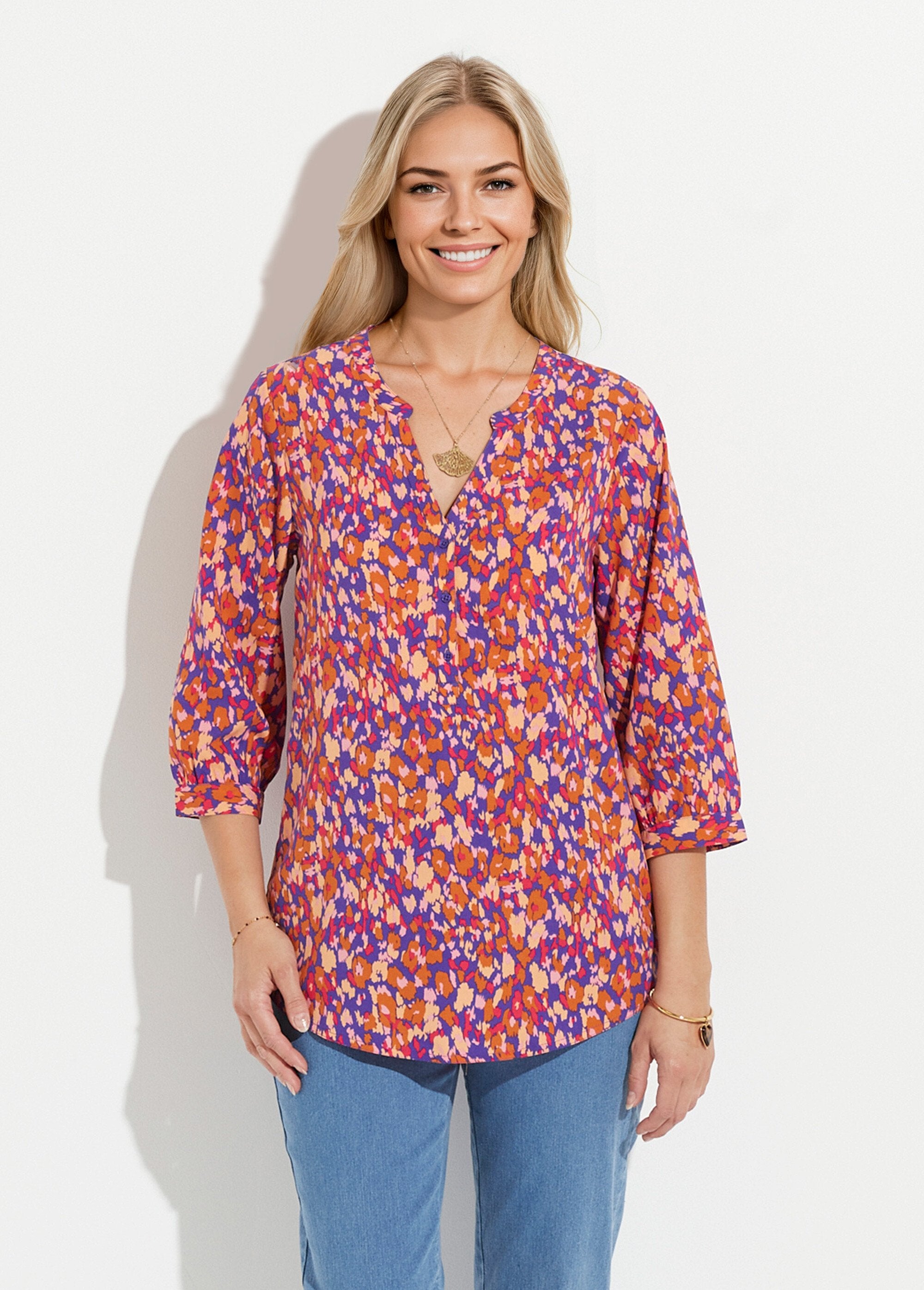 Loose-fitting_button-down_tunic_with_3/4-length_sleeves_Navy_and_ochre_FA1_slim