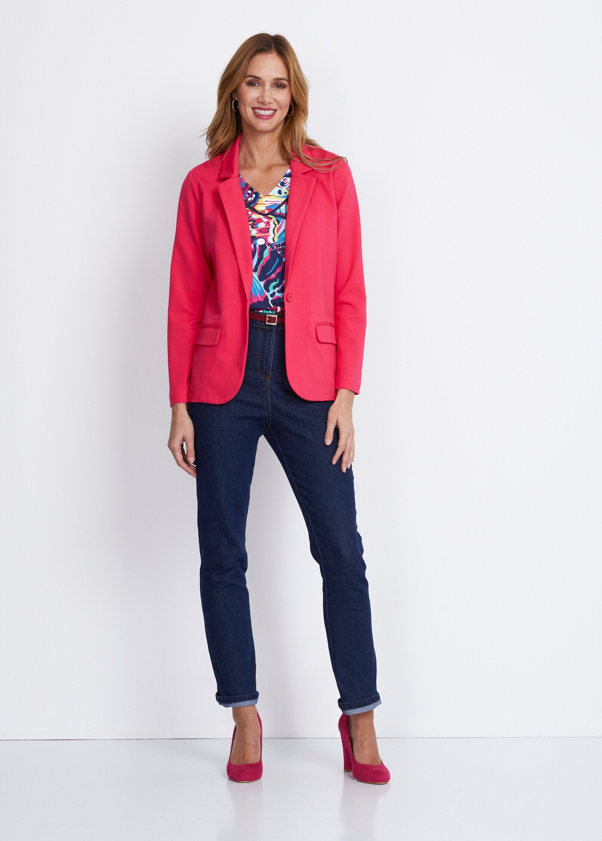 Straight_buttoned_jacket_in_plain_Milano_knit_Pink_SF1_slim