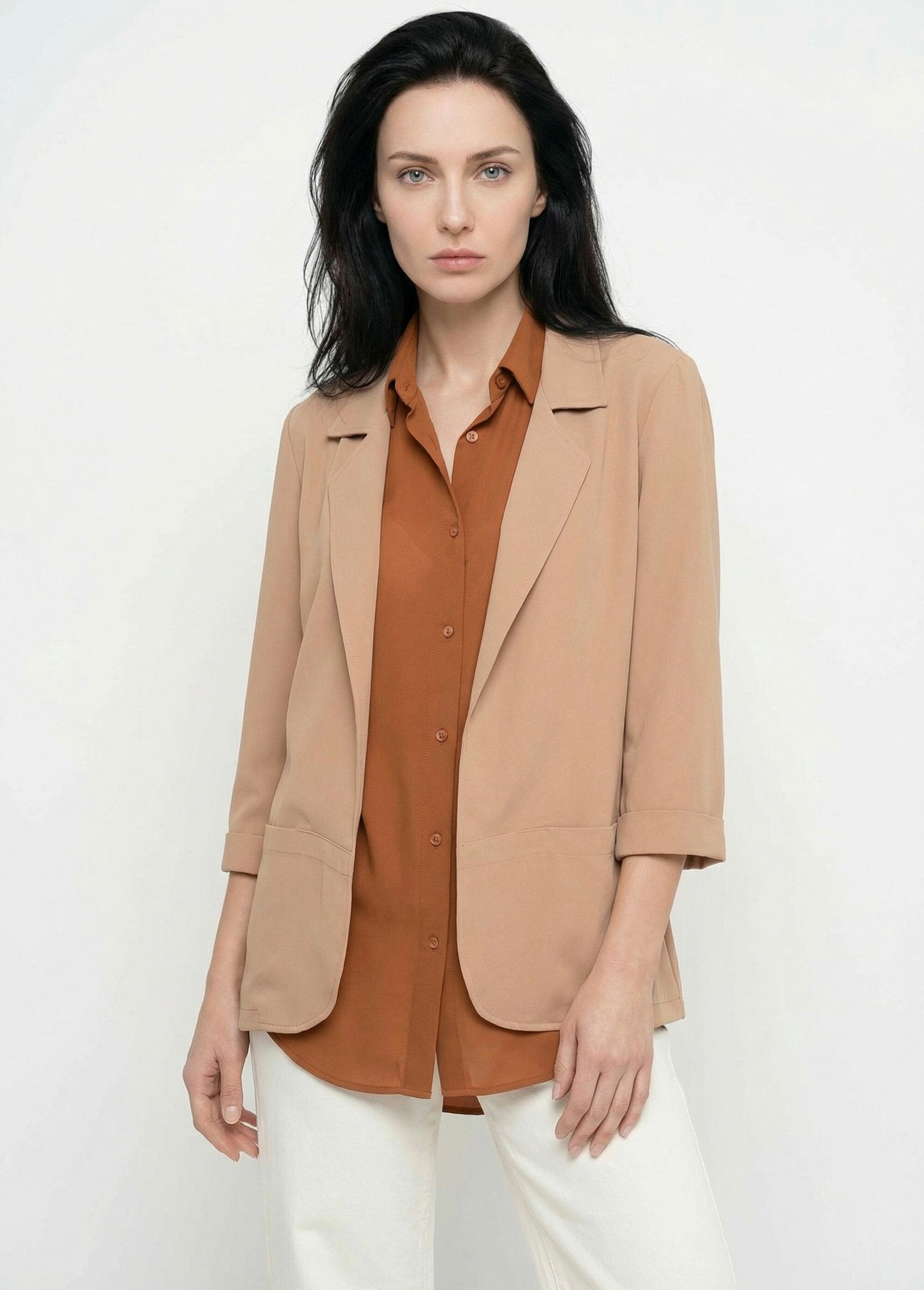 Essential_tailored_collar_jacket_with_3/4_sleeves_camel_FA1_slim